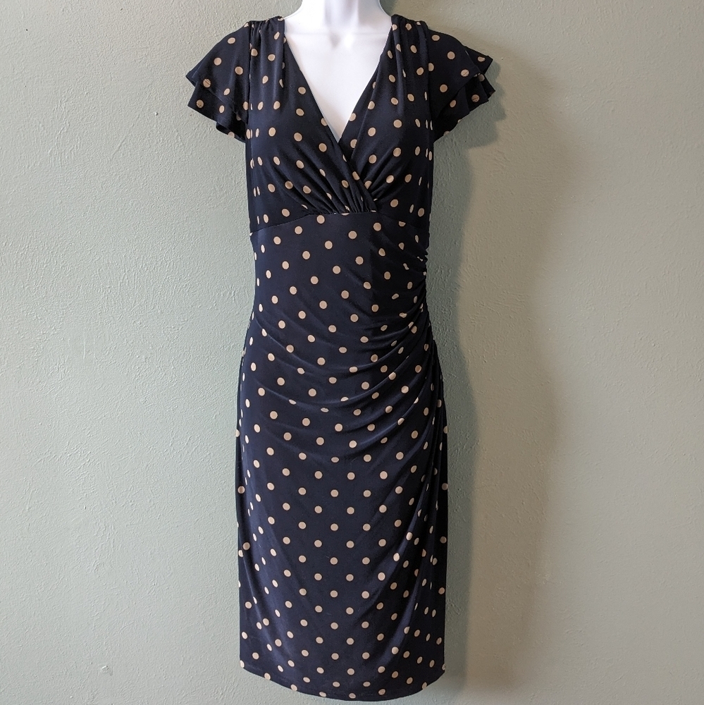 LRL Ralph Lauren Navy & Beige Polka dot Draped Midi Dress Size 12